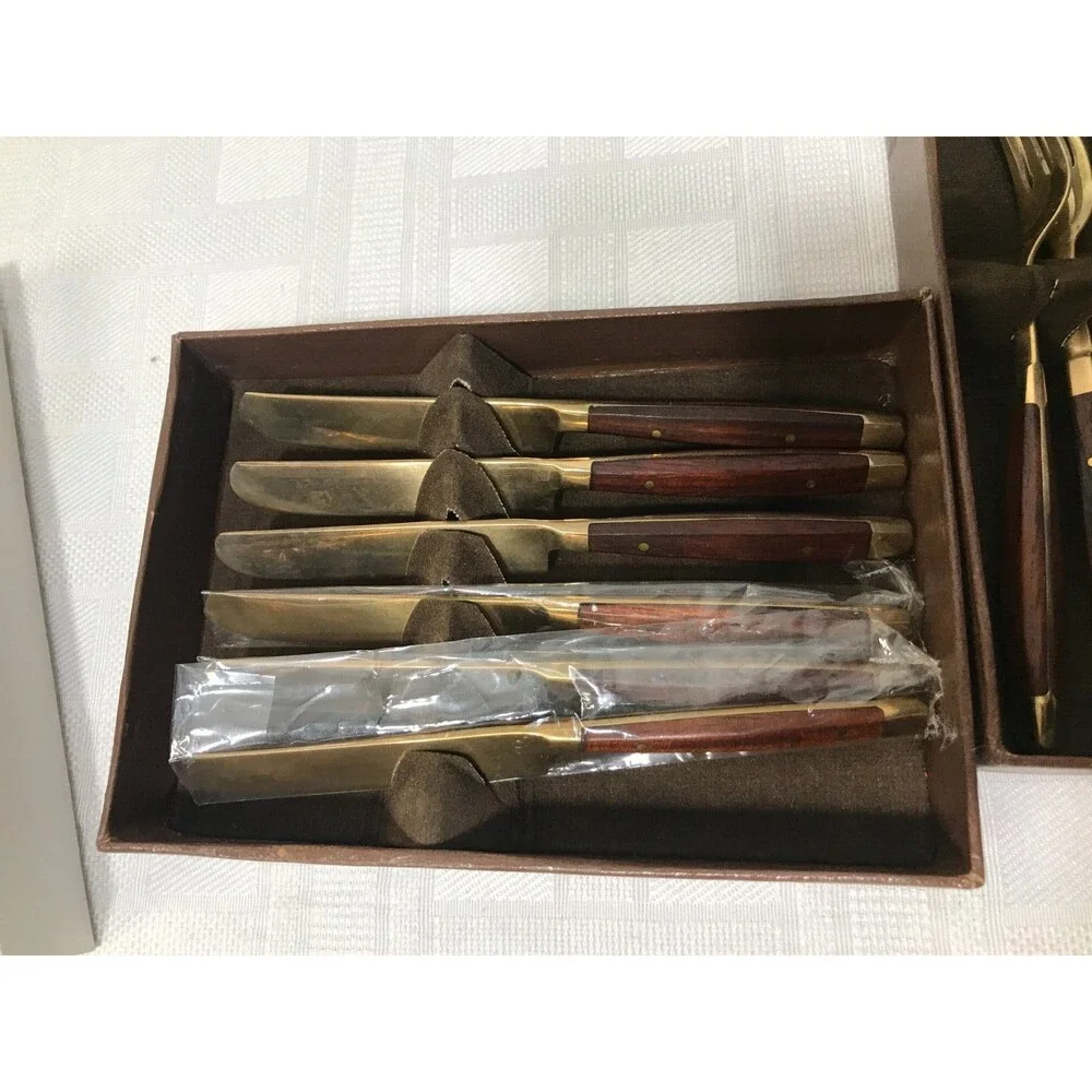 NEW! Williams Sonoma 6 Mini Forks 6 Mini Knives Knife Set Wood Handle Gold 5